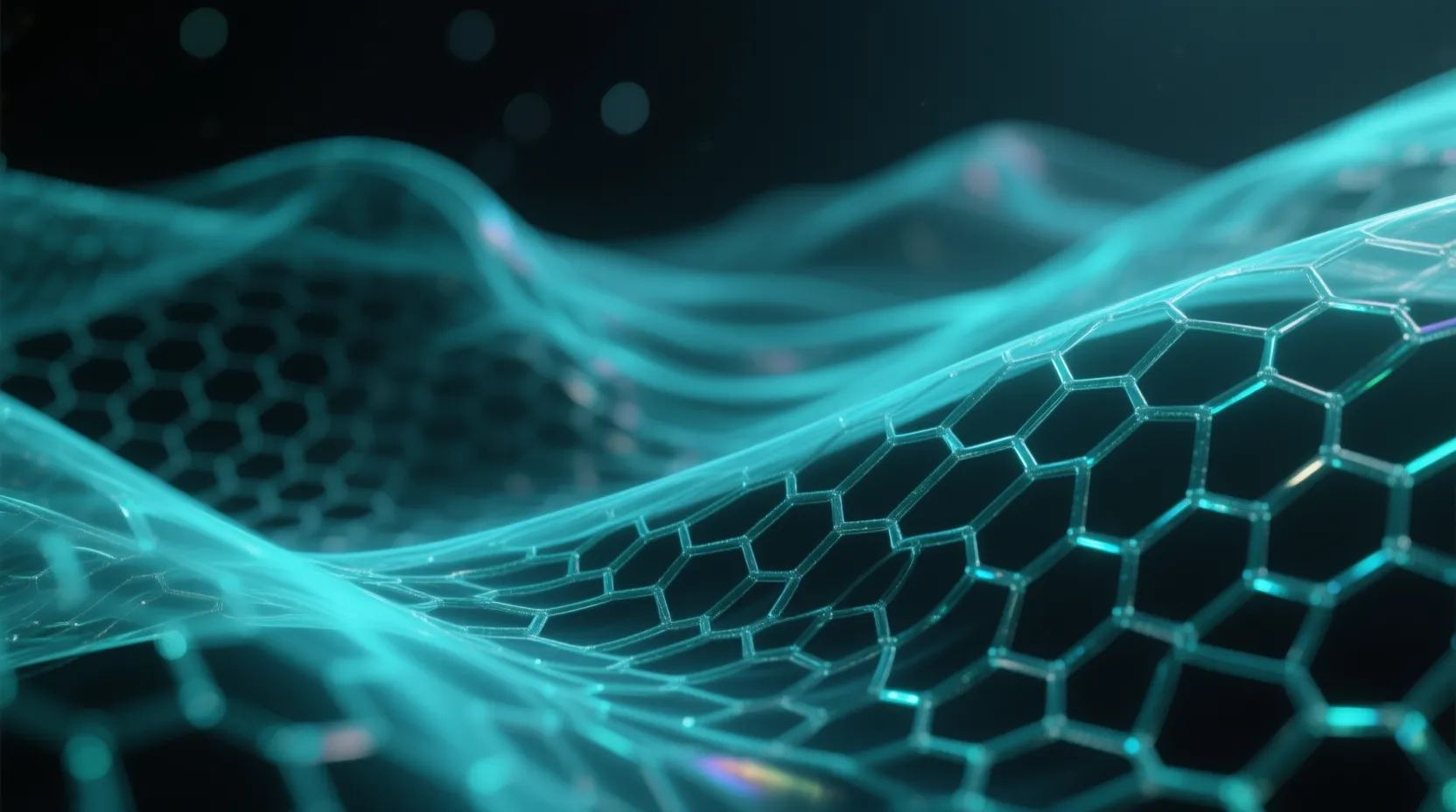 A translucent graphene honeycomb sheet rippling in cyan light