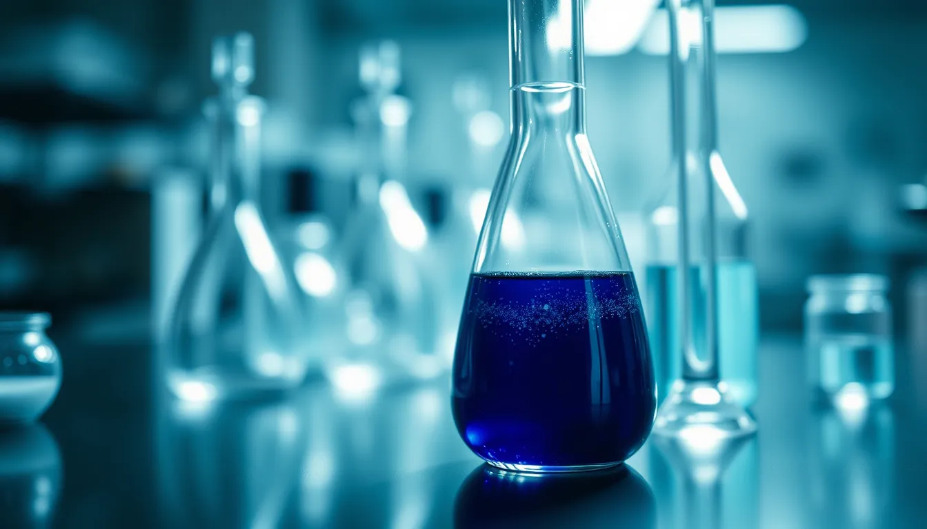 Glass reaction flask with a dark graphene oxide suspension in a research lab